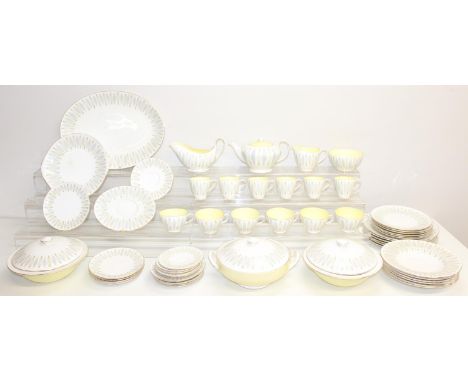 Retro Tuscan fine bone china tea/dinnerware in the Caravelle pattern, to incl plates, cups and saucers, gravy boat, teapot, b