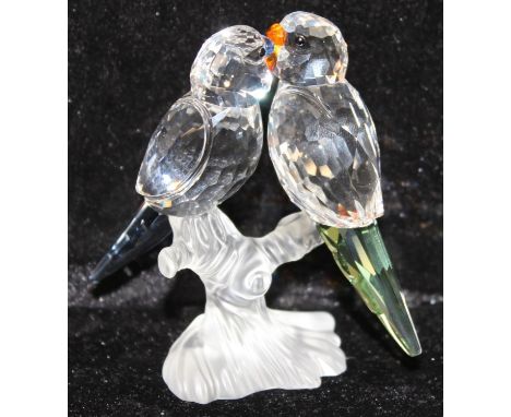 Swarovski crystal pair of budgies on branch, part of the “Feathered Beauties” collection, designed by Michael Stamey,  8.5cm 