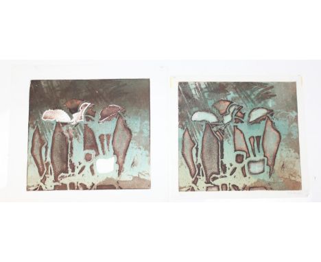 Hubert Andrew Freeth RA (British, 1912-1986): 2 abstract etchings or prints of greens and browns, smallest titled 'Queue' and