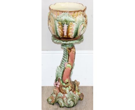 Art Nouveau period ceramic jardinière on pedestal stand with majolica glaze finish, bowl marked Noulily? base marked England,