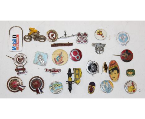 Qty of assorted vintage badges to inc enamel examples, many transportation and Motor Sport related to include Perkins Driver'