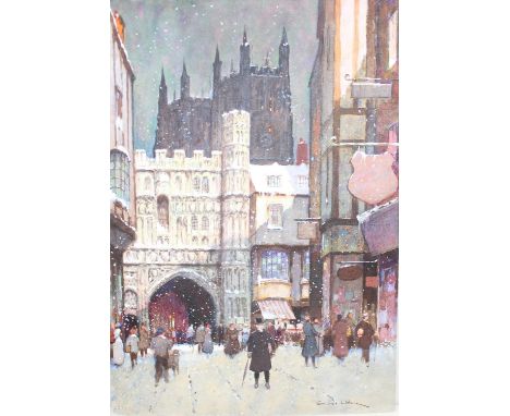Ernest Boyce Uden (British, 1911-1986) - a winter scene watercolour entitled Christchurch Gate, Canterbury, signed lower righ