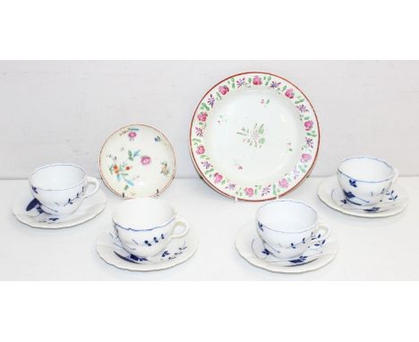Set of 4 blue and white hand-painted Meissen cups and saucers in the Cobalt Blue Table pattern, and 2 creamware plates