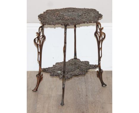 A vintage brass pot stand or side table with pierced details, 46cm x 40cm x 60cm