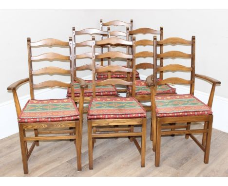 A set of 6 Ercol model 823 ladder back dining chairs, 2 carvers and 4 dining, with original patterned cushions