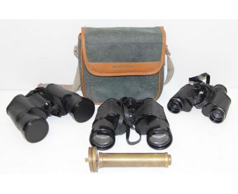 3 pairs of vintage binoculars and a brass cased kaleidoscope (4) 