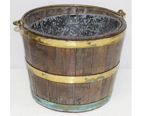 Vintage coopered oak bucket or pail with metal liner, brass hoops and brass swing-handle, 34cm W x 26cm H