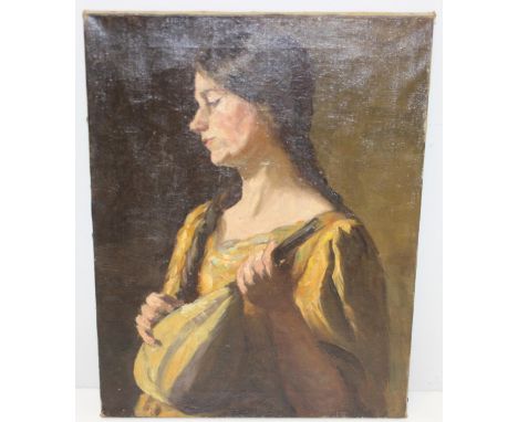 An antique or vintage oil on canvas of a lady with a lute, seemingly unsigned, early or mid 20th, no frame, approx 46cm x 36c
