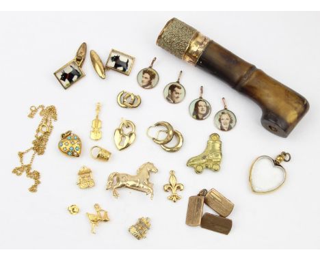 Qty of assorted antique and later gold plated and gold coloured jewellery to inc a walking stick or parasol handle, various c