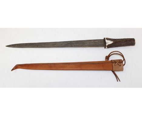 A long Scottish Dirk style hunting knife with impressive Damascus steel blade, leather sheath, 57cm long