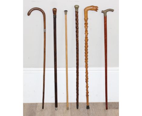 6 assorted vintage and later walking sticks to inc one with silver mount 