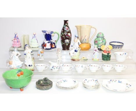 Qty of assorted interesting ceramic items to include Royal Worcester milkmaid figure, art pottery, Tuscan china tea set etc