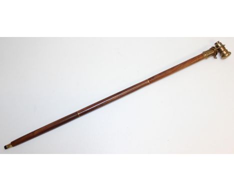 An antique style brass and wooden walking stick, the handle formed from a telescope "I Would Be Lost Without You", 100cm long
