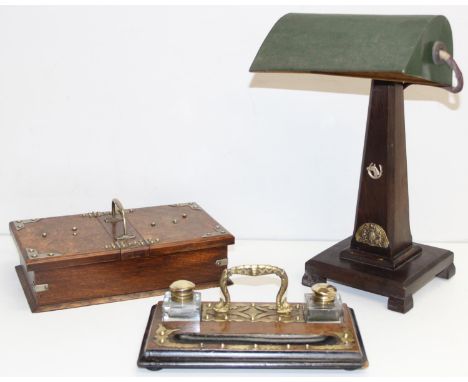3 wooden items to incl banker's style table lamp, desk pen and inkwell stand and cigarette box, lamp approx 37cm H