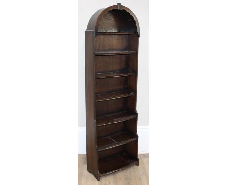 A tall dark wood 7 tier bookcase with domed top, likely Ercol, approx 53cm wide x 25cm deep x 173cm tall