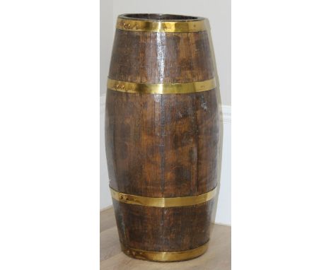 Vintage oak barrel stick stand with brass coopered hoops, 62cm H