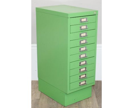 A modern light green Bisley style metal 10 drawer filing chest of drawers by Ryman, 28cm x 41cm x 72cm