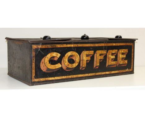 An antique toleware painted tin 3 section coffee display tin, painted in gilt to front in 3D style, with 3 lift up lids, the 