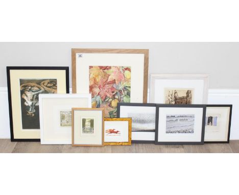 A qty of various pictures and prints to include Graham Clarke (b.1941) a vintage limited edition coloured etching entitled "M