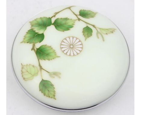 Ando Cloisonne - a superb quality Japanese white enamel trinket box with black velvet lining, the top decorated with leaves a