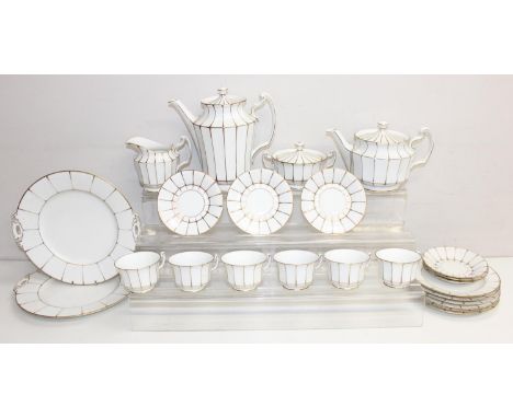 Art Deco style German made porcelain tea/coffee set by Hutschenreuther, of white ground with gold line design, incl tea pot, 