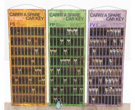 3 vintage Romac Car Key painted metal key-holder/hook advertising boards and some keys, approx 75cm x 28cm [3]