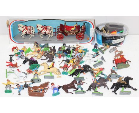 Mix of vintage toy figurines to incl Timpo, Britains and a boxed Corgi Silver Jubilee 1902 State Landau etc