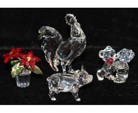 4 small Swarovski crystal ornaments to incl a cockerel, pig, pair of teddy bears and a poinsettia with colour accents, talles