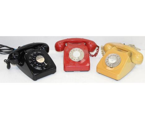 3 vintage GPO type rotary dial telephones - 746 (red), 746F (yellow) &amp; 760L (black)