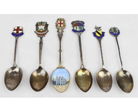 [70.39g] - 6 assorted silver and enamel collectors' spoons, 5 925 silver with English hallmarks, one 800 silver depicting Mil