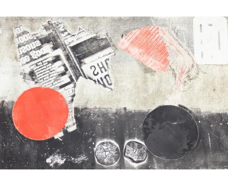 Hubert Andrew Freeth RA (British, 1912-1986): Abstract original art print of collage style in red, white and black titled 'Ty