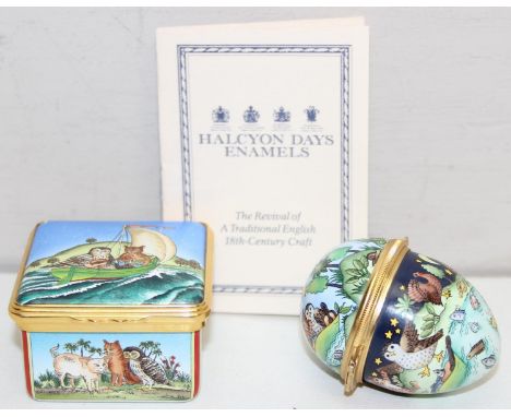 Halcyon Days enamels - The Owl &amp; The Pussycat designed enamel box, with paperwork, 55mm wide and matching egg shaped trin