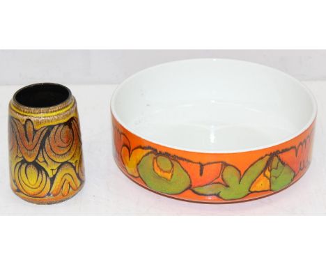 2 pieces of retro Poole pottery, to incl a fruit bowl in the Delphis pattern, and small vase in the Aegean pattern, bowl 25cm