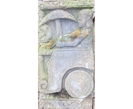 A large vintage stone carving depicting a Buddhist deity in chariot, likely South East Asian, unknown age, 53cm W x 99cm H