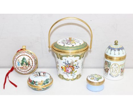 Five assorted enamel boxes or items to include a Halcyon Days enamel bucket with pierced lid, Crummels Royal Mail box, 2 Chri