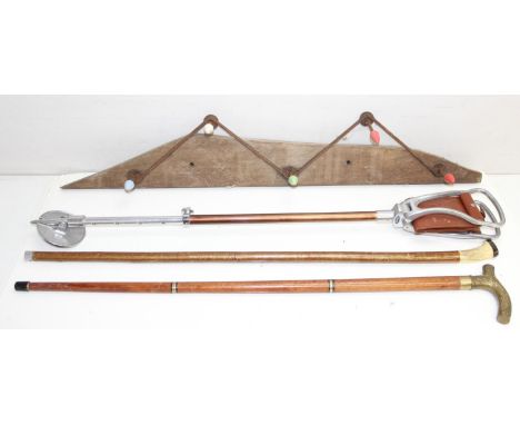Mix of vintage/retro items to incl multi-coloured coat hook rack, shooting stick, and 2 walking canes