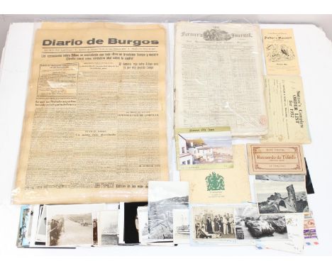 Antique and later ephemera to incl 14th January 1809 first edition of The Farmers Journal, mix of postcards, 1952 Sutton's se