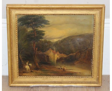 An antique oil on canvas of people fishing by a lake being watched by a horse with rider and dog, unsigned, 19th century, wit