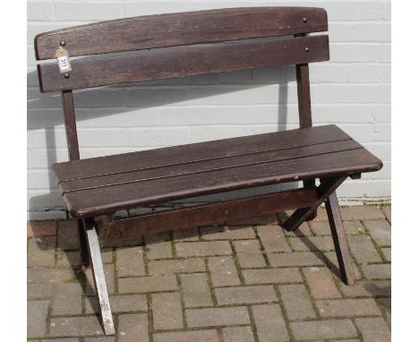 A good quality heavy stained hard wood 2 seater garden bench, 96cm wide x 82cm tall, one of four in the sale