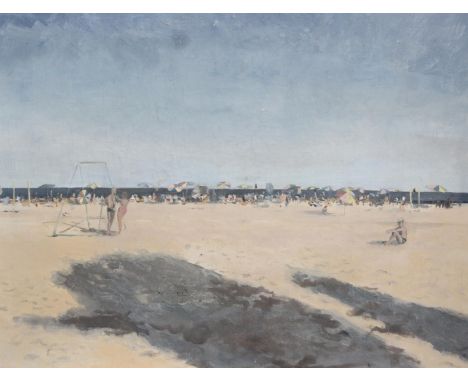 Mid century oil on canvas depicting a beach scene, unsigned, on Reeves canvas, 64cm x 55cm