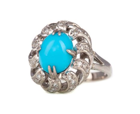 TURQUOISE AND DIAMOND RING,the cabochon turquoise to an openwork diamond set mount, marked 14K, size K, 4.9gGenerally worn. A
