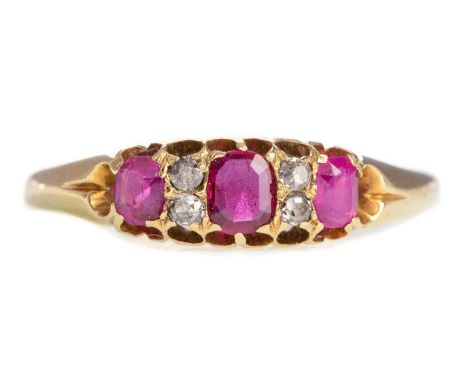 RUBY AND DIAMOND RING,set with cushion cut rubies interspaced by pairs of diamonds, unmarked, size V, 1.7g
