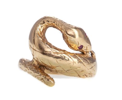 RUBY SERPENT RING,the etched serpent with ruby eyes, indistinctly marked, size J, 6.1g
