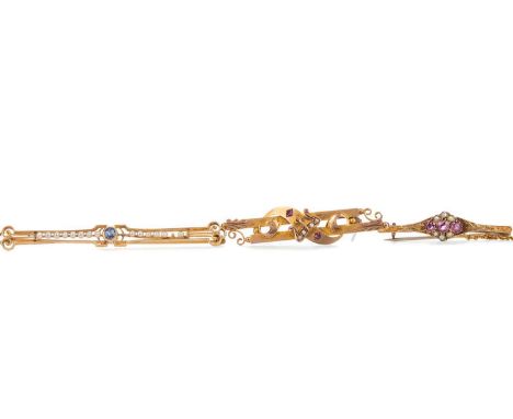 THREE BAR BROOCHES,including a sapphire and pearl example, amethyst and pearl and ruby and pearl example, the latter marked f