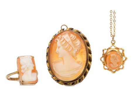 NINE CARAT GOLD CAMEO DRESS RING, along with a cameo brooch and pendant on chain (3)