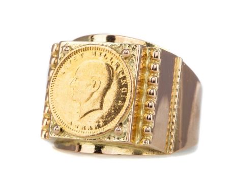 GOLD COIN RING,set with a Turkish coin dated 1923, 6.5g