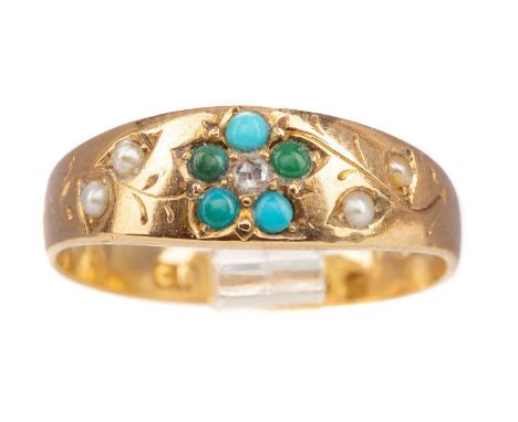 TURQUOISE, DIAMOND AND PEARL RING,with central turquoise flower motif around a rose cut diamond chip, in eighteen carat gold,