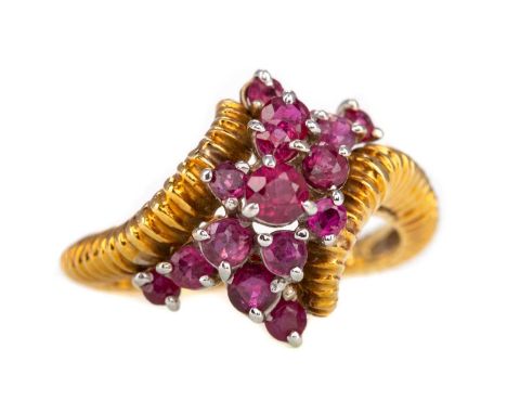 RUBY DRESS RING,the round rubies to be textured crossover shank, marked 18k, size O, 5.6g