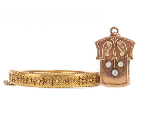 NINE CARAT GOLD BANGLE,6.7g, along with a pearl locket (2)Bangle hallmarked. Locket marked 9c. General wear to each consisten