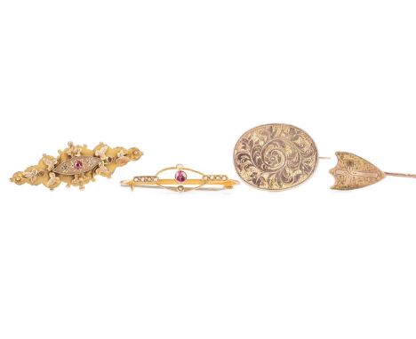 COLLECTION OF BROOCHES,including Victorian and Edwardian bar brooches, shield shaped stick pin and a pair of red gem set earr